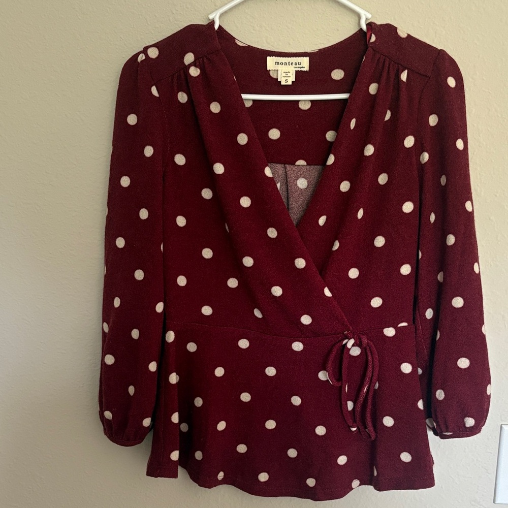 Monteau Burgundy Polka Dot Wrap Blouse